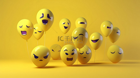 黄色社交媒体气球，带有 3D 渲染的 Facebook 反应表情符号
