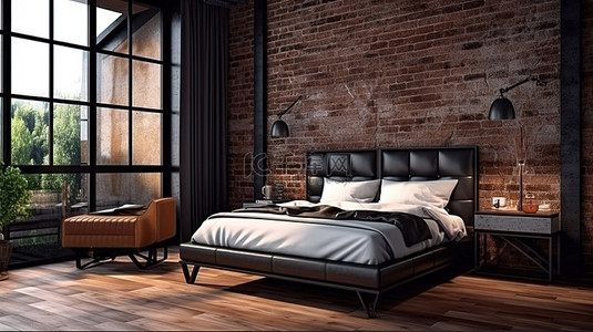 当代阁楼卧室概念，配有时尚的木地板黑砖墙和别致的框架室内设计 3D 渲染