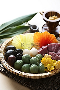 风扇商城背景图片_日本水果和蔬菜放在碗里，用小风扇
