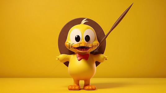 卡通可爱箭头背景图片_可爱的黄色卡通鸭人吉祥物，带有靶心目标和阳光背景下的飞镖 3D 插图