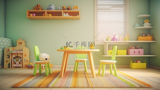 游戏室的 3D 渲染，配有儿童尺寸的桌子和椅子