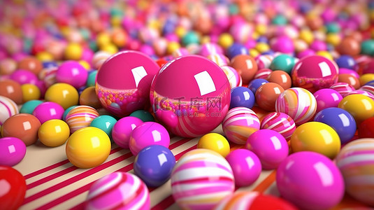甜甘蔗背景图片_粉红色背景 3D 渲染上充满活力的球体中的各种糖果