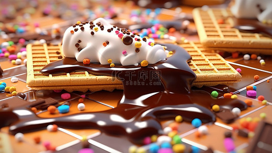威化饼背景上洒有巧克力和香草冰淇淋的令人难以抗拒的 3D 渲染