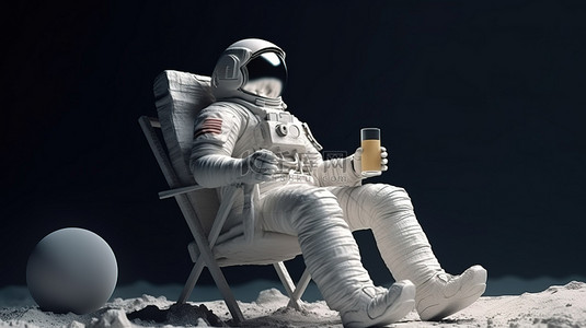 地球月球背景图片_一位月球探险家在 3D 渲染的月球环境中，一边在沙滩椅上放松，一边享用冰镇啤酒