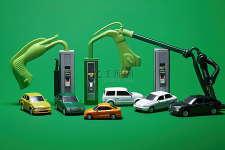 绿色环保能源背景图片_绿色汽油泵系在一系列玩具车上