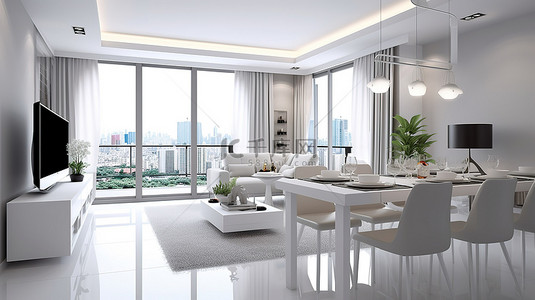 当代城市生活空间，拥有城市全景 3D 渲染设计，配有白色家具