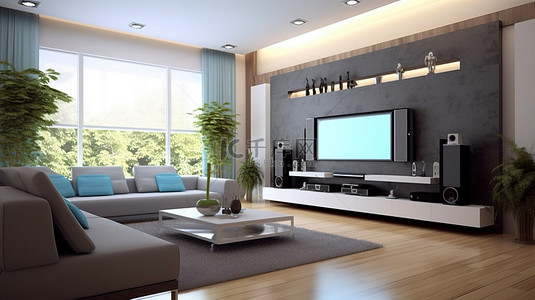 现代客厅设计与 3D 渲染的电视显示屏