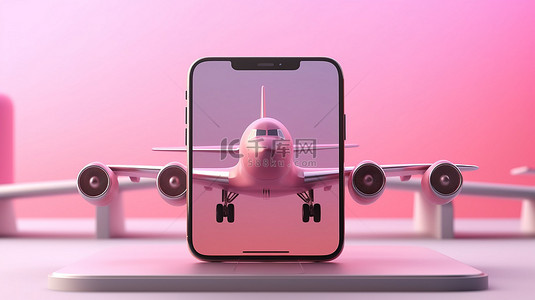 停在粉色智能手机屏幕上的粉色飞机的 3D 渲染