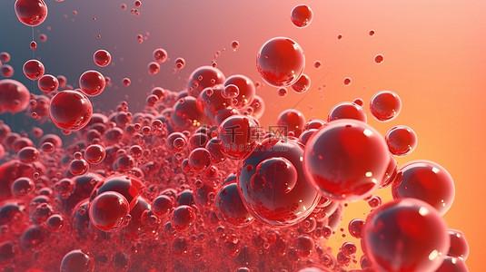 红色背景下水下气泡的 3D 渲染