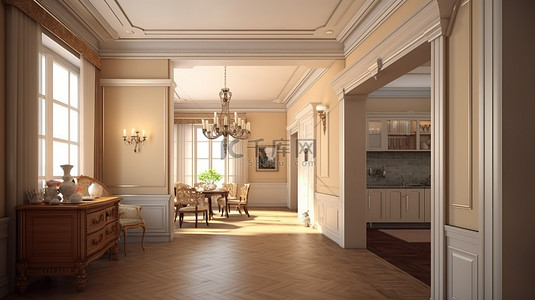 客厅走廊和厨房的古典风格 3d 效果图