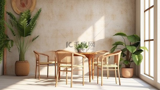 室内场景和模型 3d 渲染热带用餐角与木椅