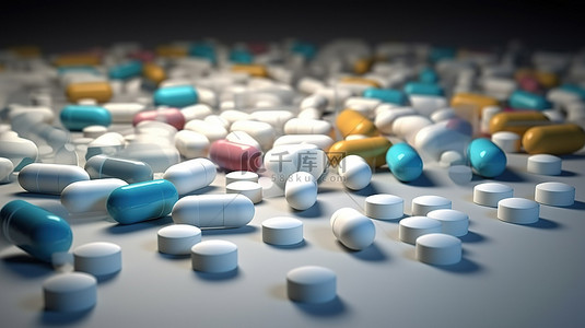 胶囊药片背景图片_3D医学背景中各种药丸和胶囊形成的抽象形状