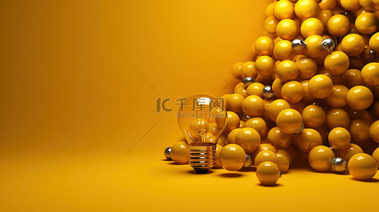 黄色背景的 3D 渲染与绝妙的创意灯泡