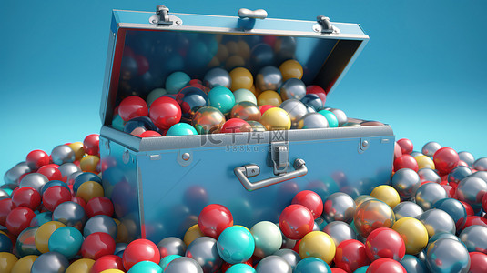 3D 渲染的工具箱，周围环绕着蓝色背景上一系列有趣的彩色球