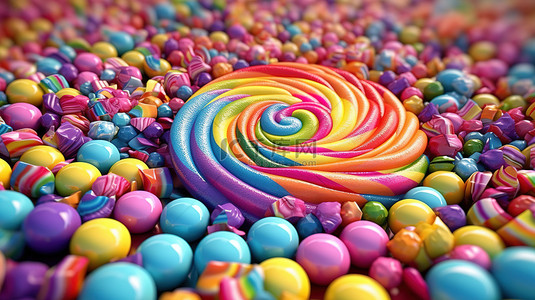 糖果蛋糕背景图片_充满活力的糖果品种，用 3D 彩虹糖果插图营造出生动的背景