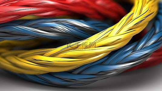 黄色结带背景图片_红色蓝色白色和黄色色调的坚固电源线的充满活力的 3D 渲染