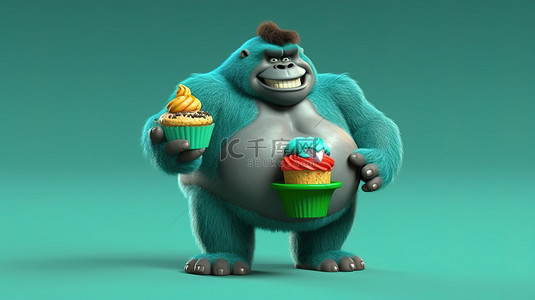 超重大猩猩享受纸杯蛋糕的搞笑 3D 描绘