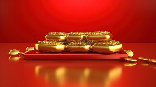 代金券288元背景图片_中国节日元素的插图，以红色背景下的 3D 渲染古代金锭为特色