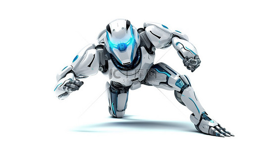 白色隔离 3D 渲染机器人被描述为快速技术概念的象征