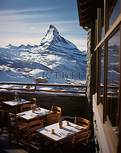 餐厅阳台背景图片_一家餐厅位于一座俯瞰马特洪峰的古老塔楼下