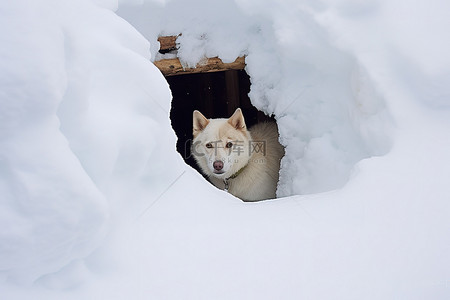 冬天动物背景图片_一只狗在雪隧道里看着雪