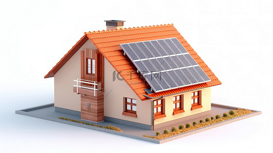 白色背景上带电池的太阳能房屋的 3D 插图
