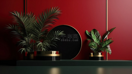 简约的黑色展示架，带有金色顶级绿色热带植物和现代 3D 渲染背景上的红色插图