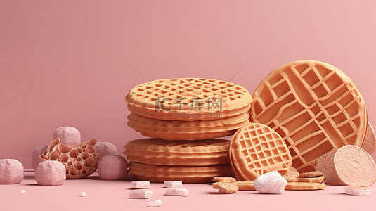 面包店背景背景图片_松脆威化饼新鲜面包面包店的美味 3D 渲染在粉红色背景上处理饼干和华夫饼