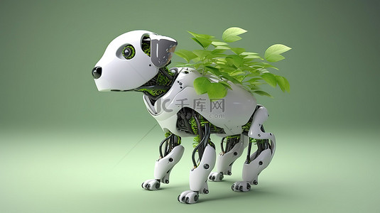 绿色科技遇见自然3D渲染的带叶子的机器狗