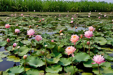 粉红色的睡莲在有很多植物的池塘里