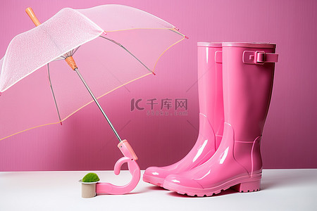连衣裙背景图片_穿着粉红色连衣裙的靴子和雨伞
