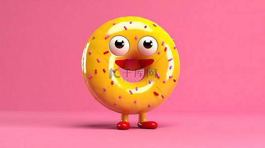 巨大的粉红色釉面草莓甜甜圈吉祥物，在阳光明媚的黄色背景上有红心 3D 插图