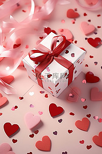 情人节礼物盒，由红色和粉红色的心形排列而成