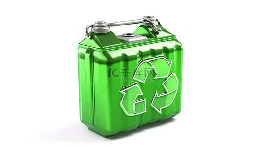 可环保背景图片_环保燃料理念白色背景，带有绿色金属罐的 3D 渲染，具有回收符号