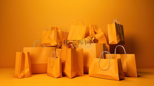 黄色销售背景与 3d 呈现橙色购物袋