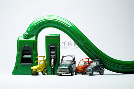 绿色环保能源背景图片_绿色汽油泵系在一系列玩具车上