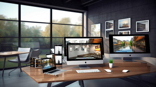 网站设计的 3d 渲染，在办公环境中具有响应设备
