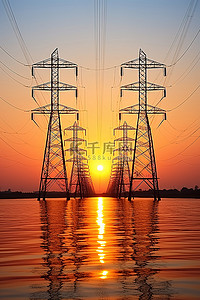 电塔背景图片_太阳从云层中落下，落在散布在水面上的三个电塔上