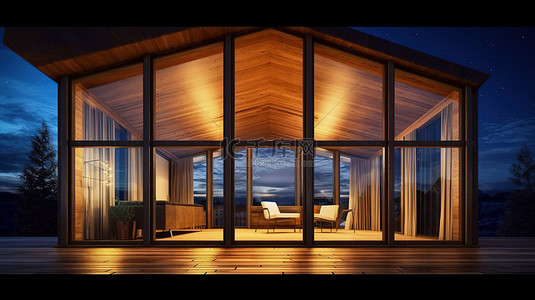 古人避暑背景图片_夜间建筑设计迷人的木屋全景窗户 3D 插图