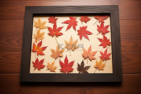 一个相框，展示一组枫叶和木地板上的叶子