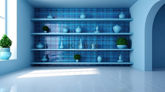 蓝色简约壁纸背景图片_简约的蓝色和白色房间设计，配有醒目的蓝色架子瓷砖地板 3D 渲染
