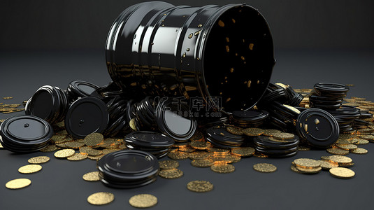 价格实在背景图片_3d 中所示的价格细分黑油桶和金币的概念