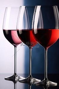 葡萄酒。酒杯背景图片_显示了三个装有不同葡萄酒颜色的玻璃杯