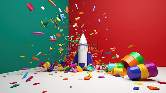 一张喜庆的新年贺卡，上面有一个空白的文字空间，上面有 3D 礼物火箭和五彩纸屑