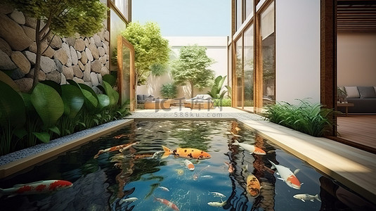 半室外休闲空间的鱼塘绿洲 3d 渲染