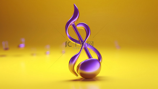 充满活力的紫色背景与 3D 渲染的黄色音符