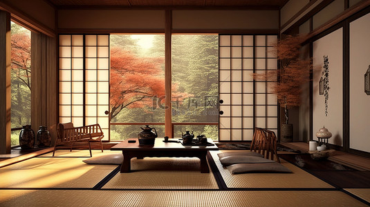 京都一间受禅宗启发的日式房间的渲染 3D 图像