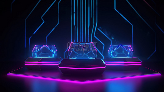 科技展台蓝色背景图片_产品展示 3 个科幻讲台，采用蓝色和紫色霓虹灯进行 3D 渲染