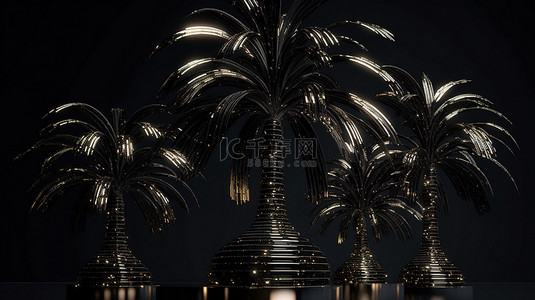 抽象热带背景图片_3D 渲染中闪闪发光的黑色抽象棕榈树