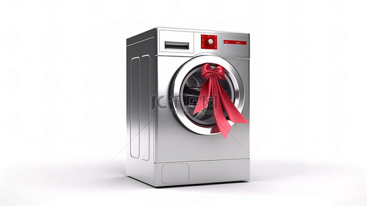 洗衣洗衣背景图片_现代洗衣机上带有红丝带服务标志的白色背景的 3D 渲染